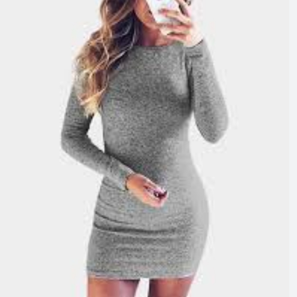 NWT GRAY RUCHED LONG SLEEVE ROUND NECK DRESS XS